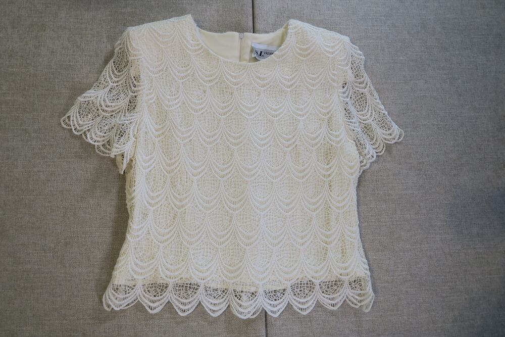 S.L. Fashions Ivory Lace Scalloped Top